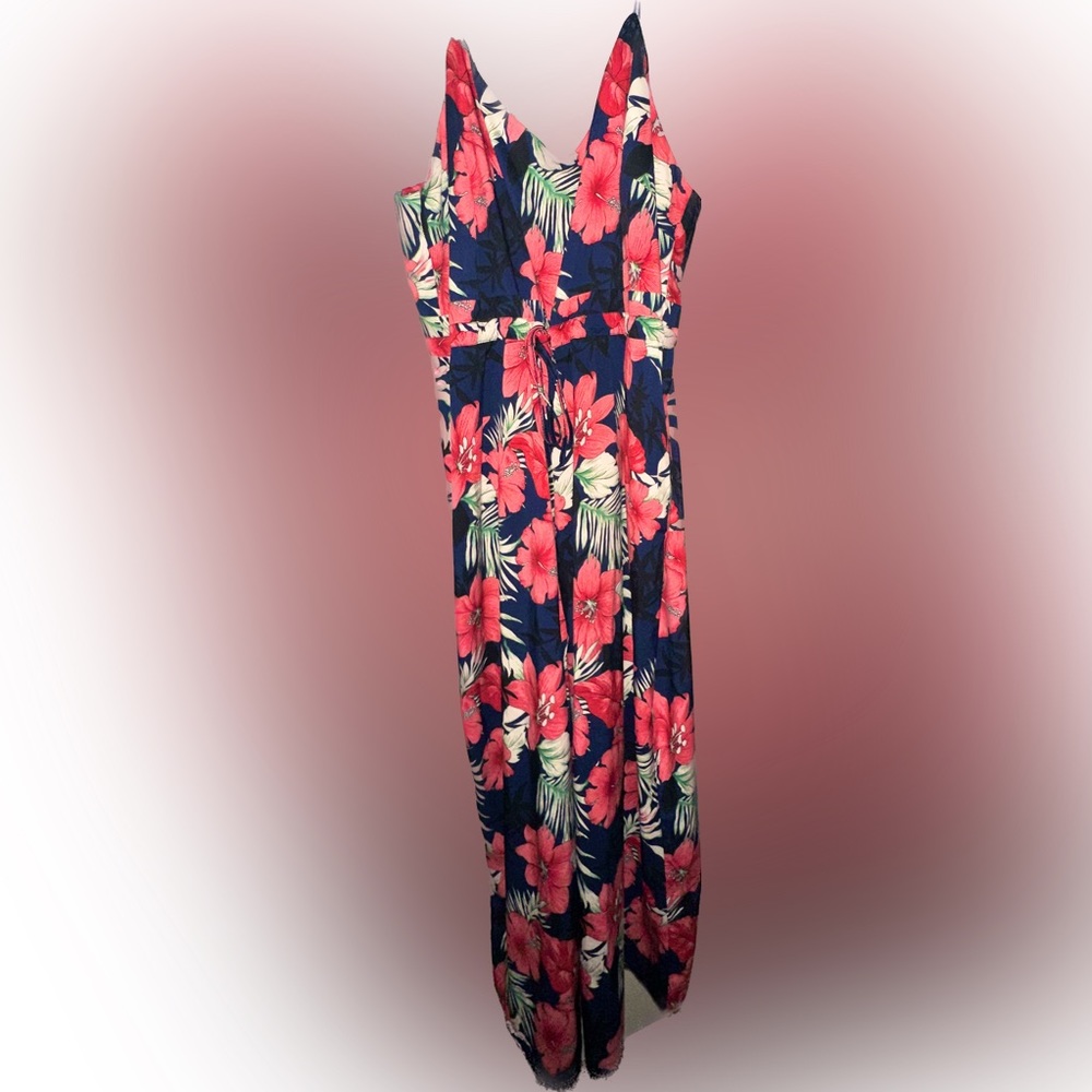 NEW Reveuse Pink and Blue Floral V- Neck Waist Tie Zipper Jumpsuit size 2X - Picture 7 of 15